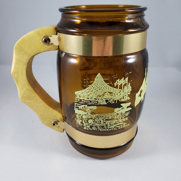 World's Fair Expo '74 Spokane, WA Brown Glass Barrel Mug with Wood Handle - Picture 1 of 5